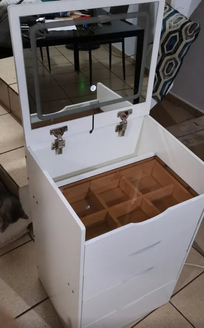 Buró tocador con espejo LED y banco oculto 4 cajones