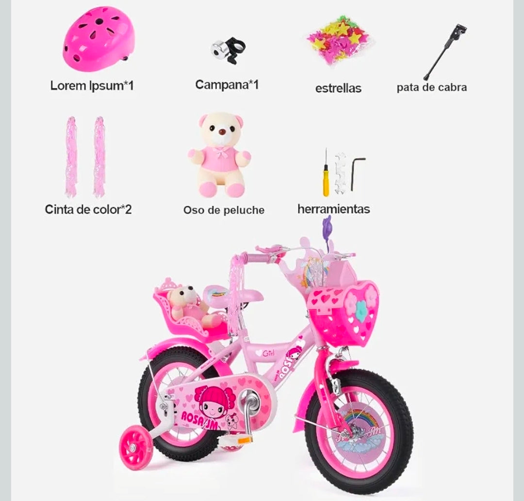 Bicicleta Infantil rosa con canasta y peluche