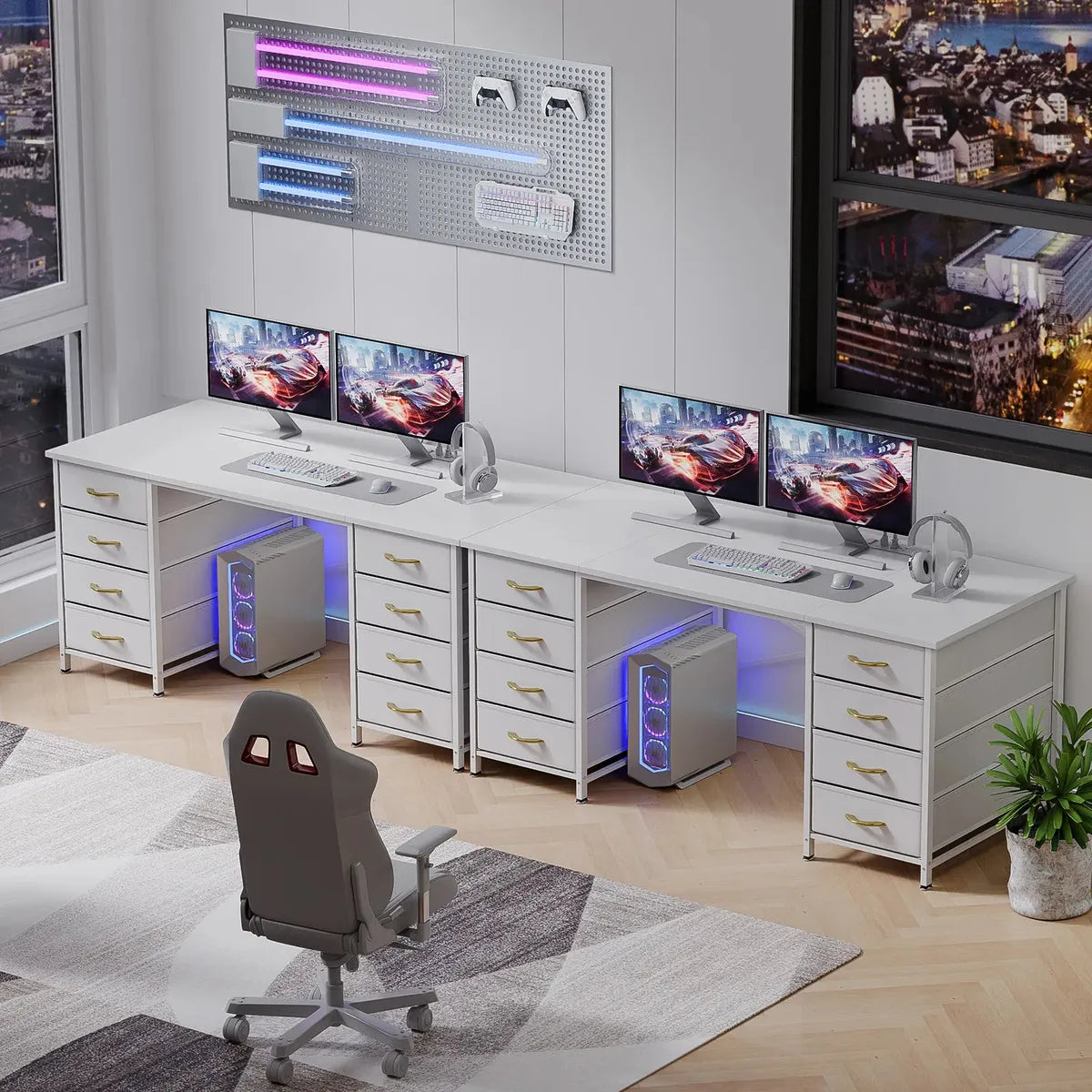 Escritorio Gamer y Oficina 152cm con 8 Cajones, Regleta USB y Tipo-C, Blanco