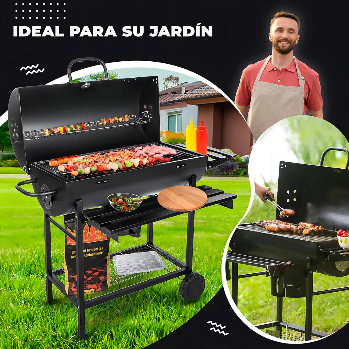 Asadores carbon de barril móvil con ruedas termómetro y mesa auxiliar acero inoxidable