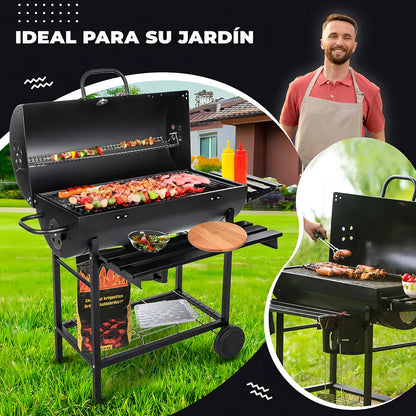 Asadores carbon de barril móvil con ruedas termómetro y mesa auxiliar acero inoxidable