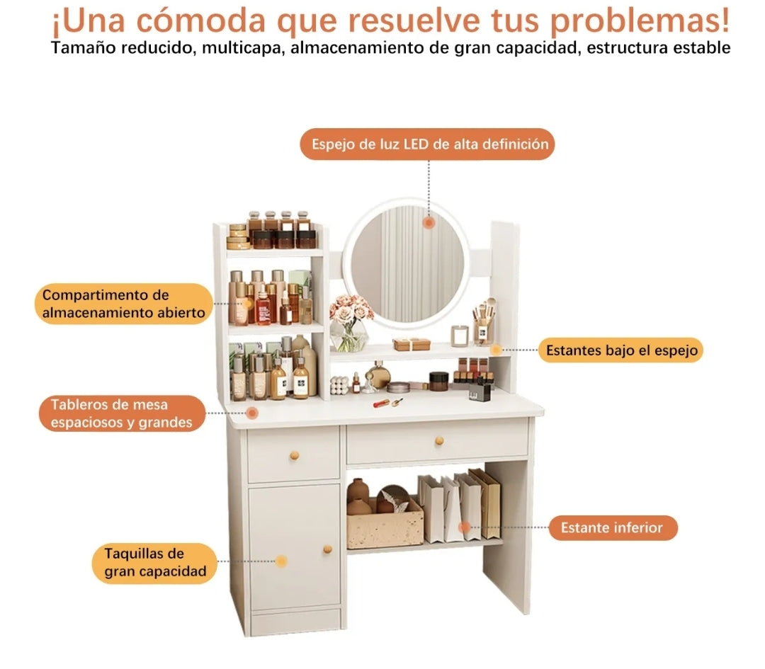 Tocador compacto moderno con espejo LED con repisas