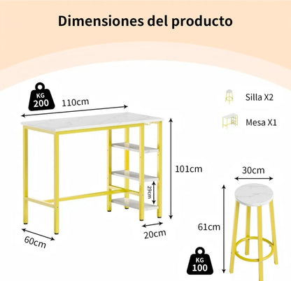 Mesa Barra De Cocina Multiusos Con 2 Bancos