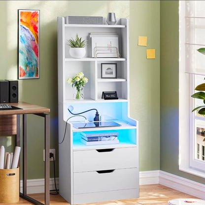 Mesita buró de noche alta con estación de carga y luz Led