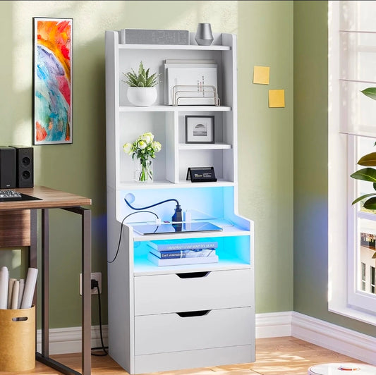 Mesita buró de noche alta con estación de carga y luz Led