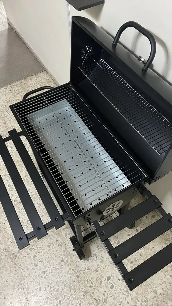 Asadores carbon de barril móvil con ruedas termómetro y mesa auxiliar acero inoxidable
