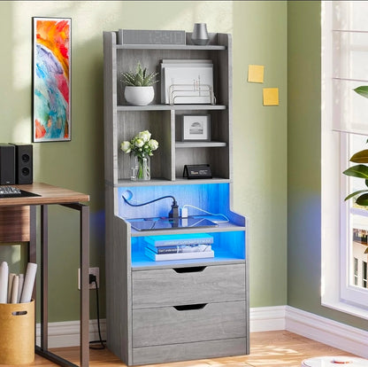 Mesita buró de noche alta con estación de carga y luz Led