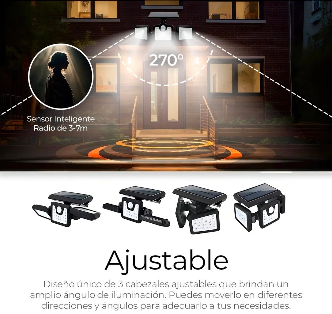 2 Lamparas solares con 3 cabezales / sensor de movimiento 108 Leds