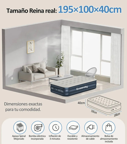 Colchón Inflable Individual Con Bomba Eléctrica De Enchufe Cama De Aire Portátil 195*100*40 cm