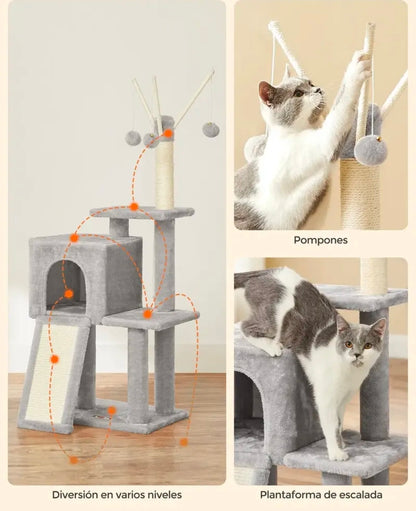 Árbol Para Gatos Con 3 Postes Y Cueva Color Gris Claro