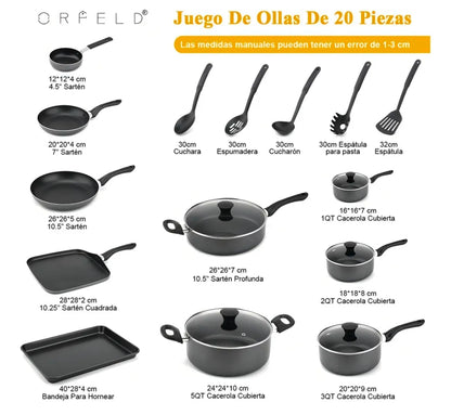 Batería De Cocina 20 Piezas De Aluminio Con Antiadherente Color Negro