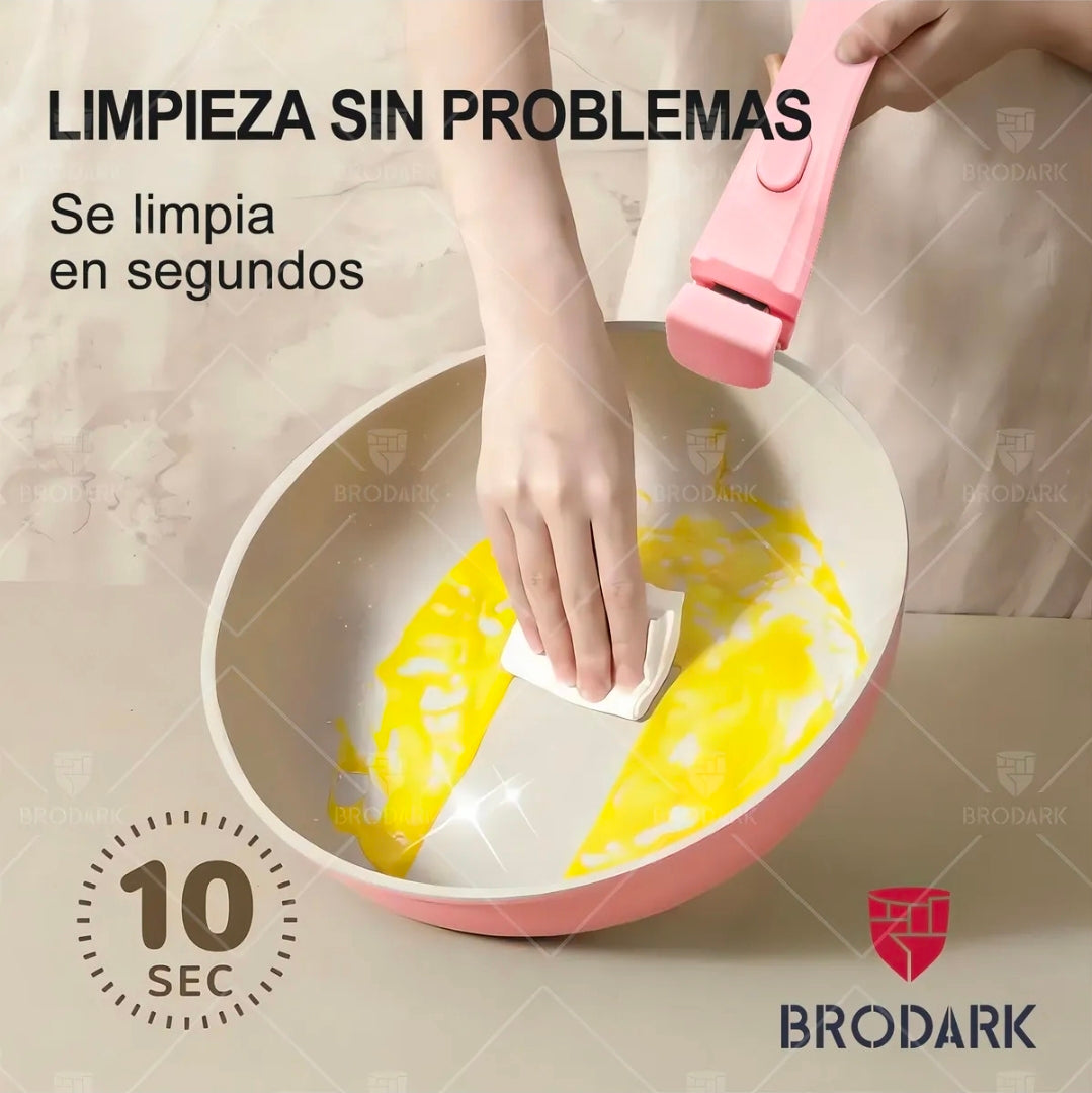 Batería Brodark 23 piezas Rosa/Blanco antiadherente con mangos desmontables