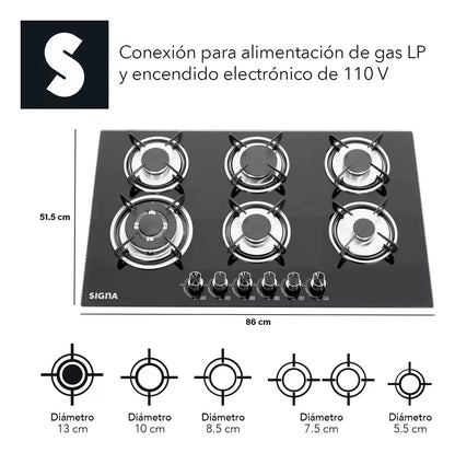 Parrilla Empotrable Cristal Templado Estufa 6 Quemadores Gas Color Negro