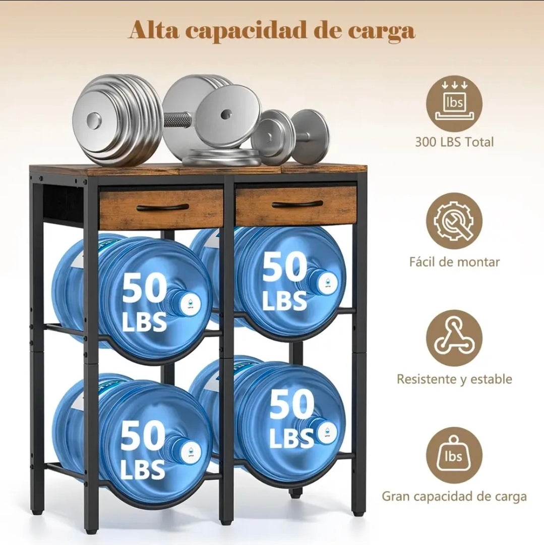 Porta Garrafón De 5 Galones Con Estante Metal Y 2 Cajones
