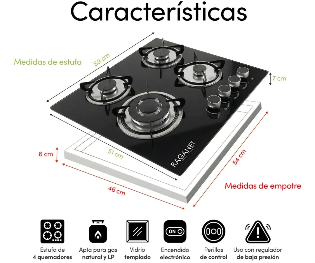 Parrilla 4 quemadores cristal templado RAGANET