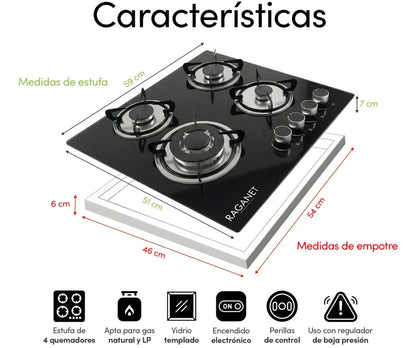 Parrilla 4 quemadores cristal templado RAGANET
