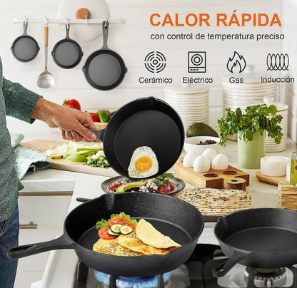 Sartén De Hierro Fundido Antiadherente 5 Piezas 10cm, 14cm, 16cm, 20cm, 26cm
