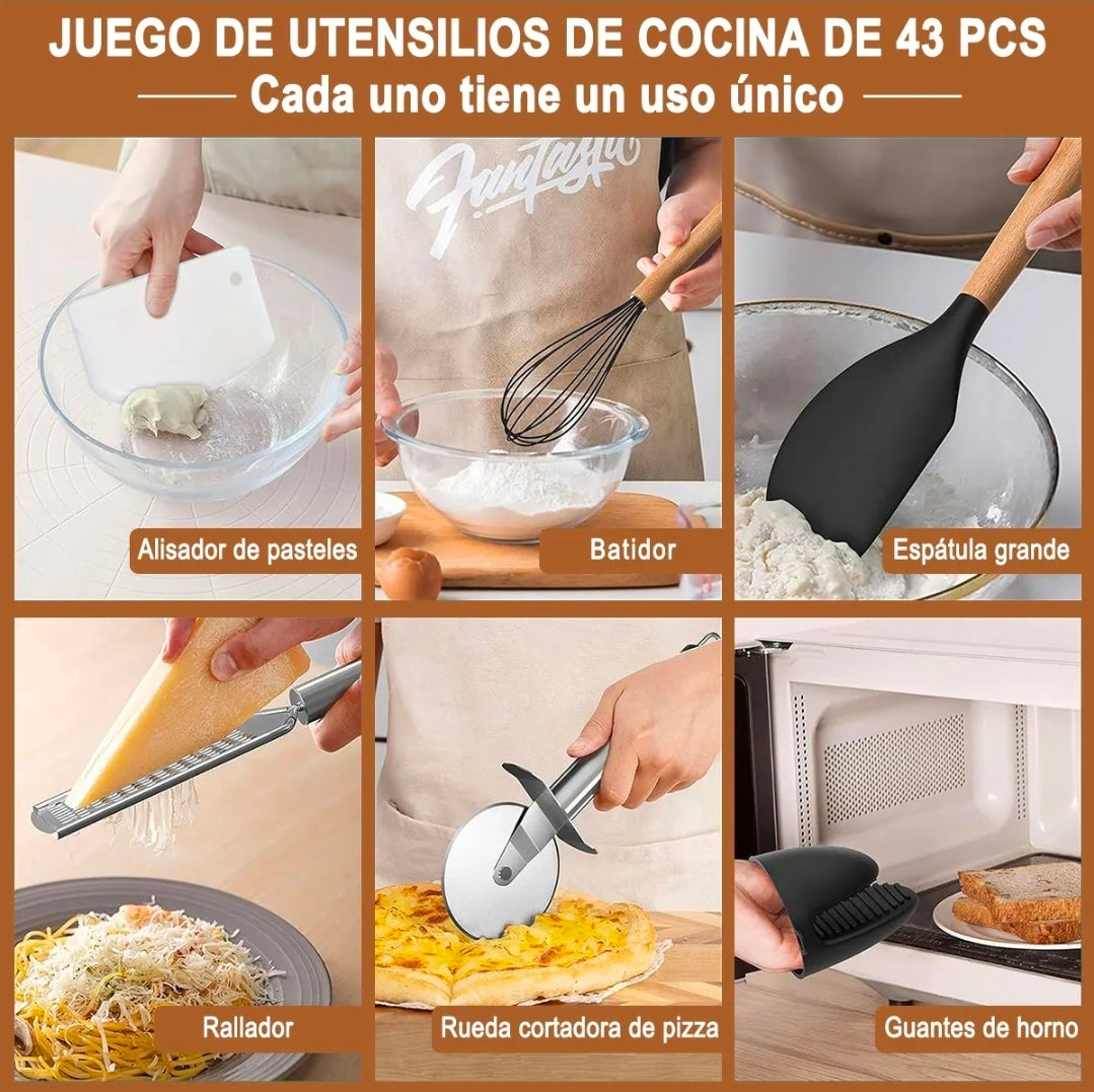 Utensilios Cocina De Silicona 44 Piezas Reposteria Espátulas Resistente Al Calor Con Mango Antideslizante Y Antiquemaduras
