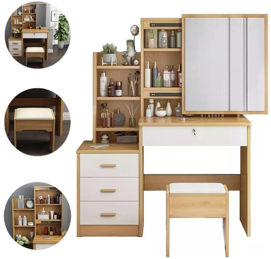 Tocador Cómoda Multifuncional Moderna Con Banco y luz Led