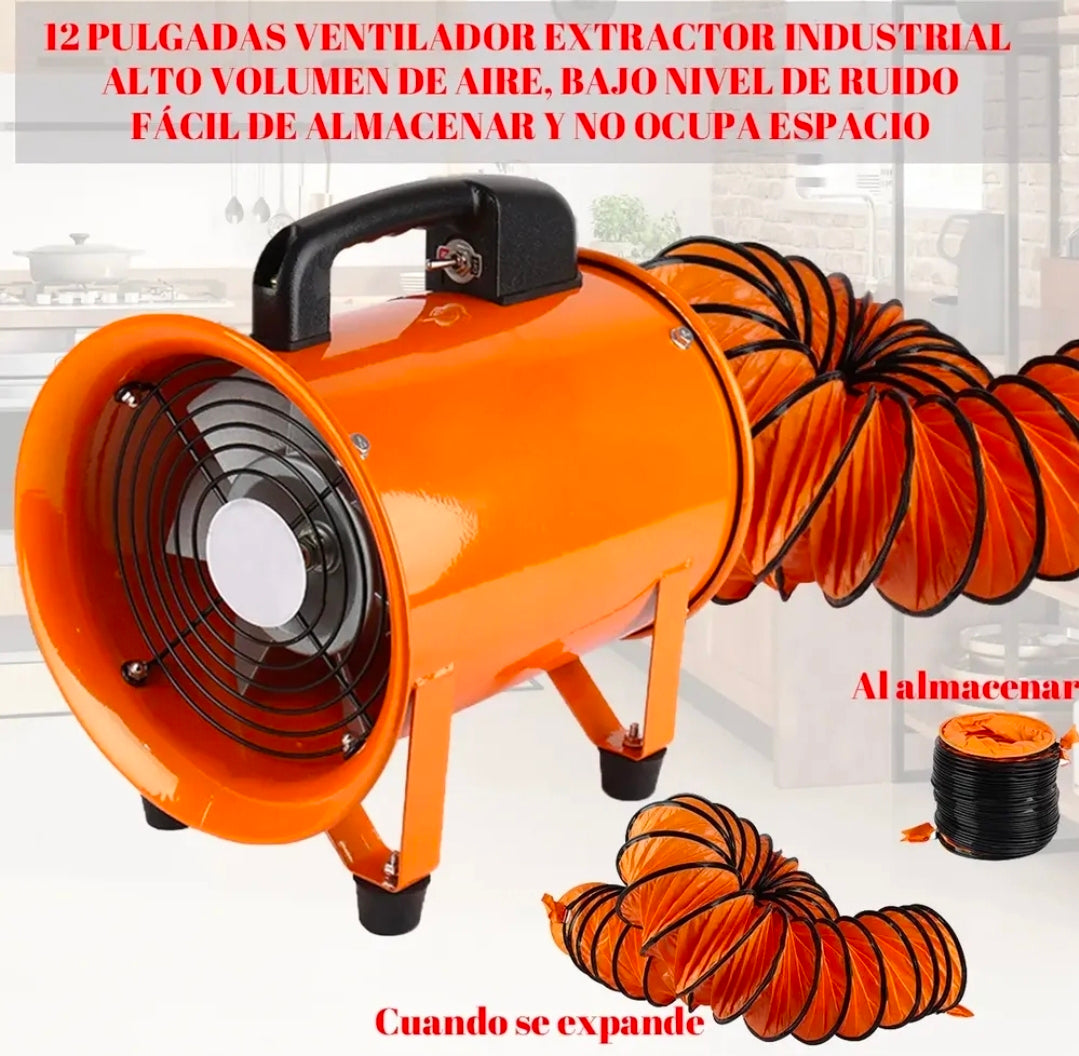Extractor De Aire Industrial Ventilador 12'' Con Conducto 5m, 3300 Rpm