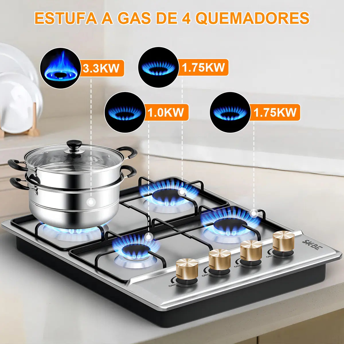 Parrilla Gas Skbe 4 Quemadores Empotrable Acero Inoxidable Encendido Eléctrico