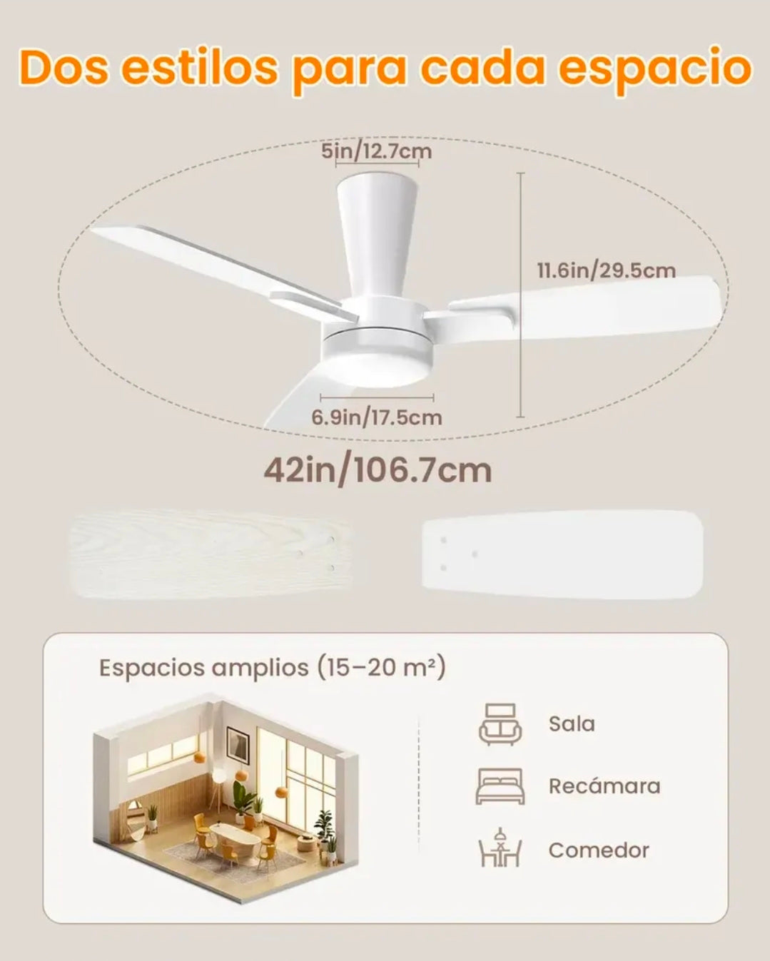 Ventilador De Techo 42" Aspas De Doble Acabado, 6 Velocidades, 3 Tonos De Luz