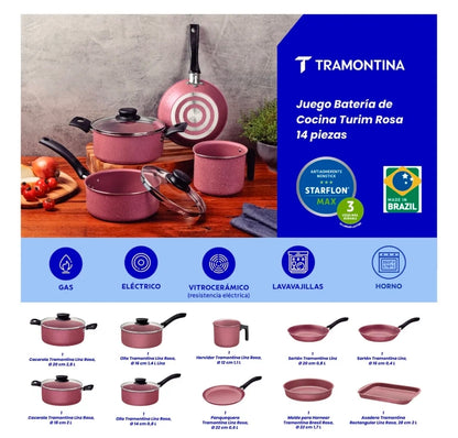 Batería de Cocina Antiadherente Tramontina Linz 14 Piezas de Aluminio - Rosa