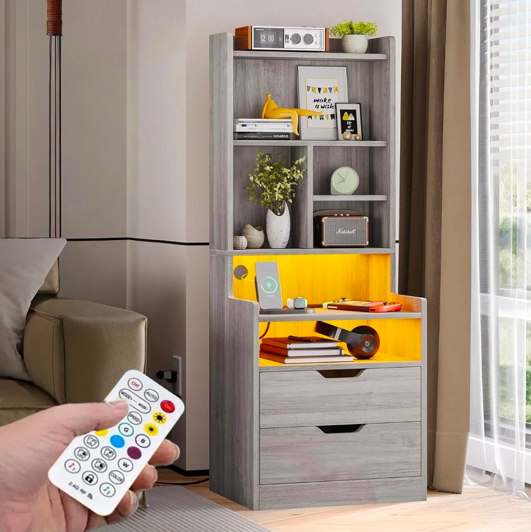 Mesita buró de noche alta con estación de carga y luz Led