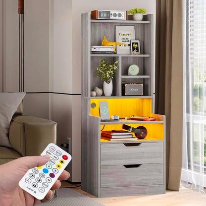 Mesita buró de noche alta con estación de carga y luz Led