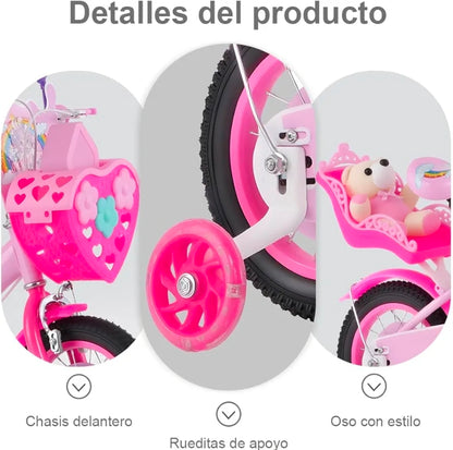 Bicicleta Infantil rosa con canasta y peluche