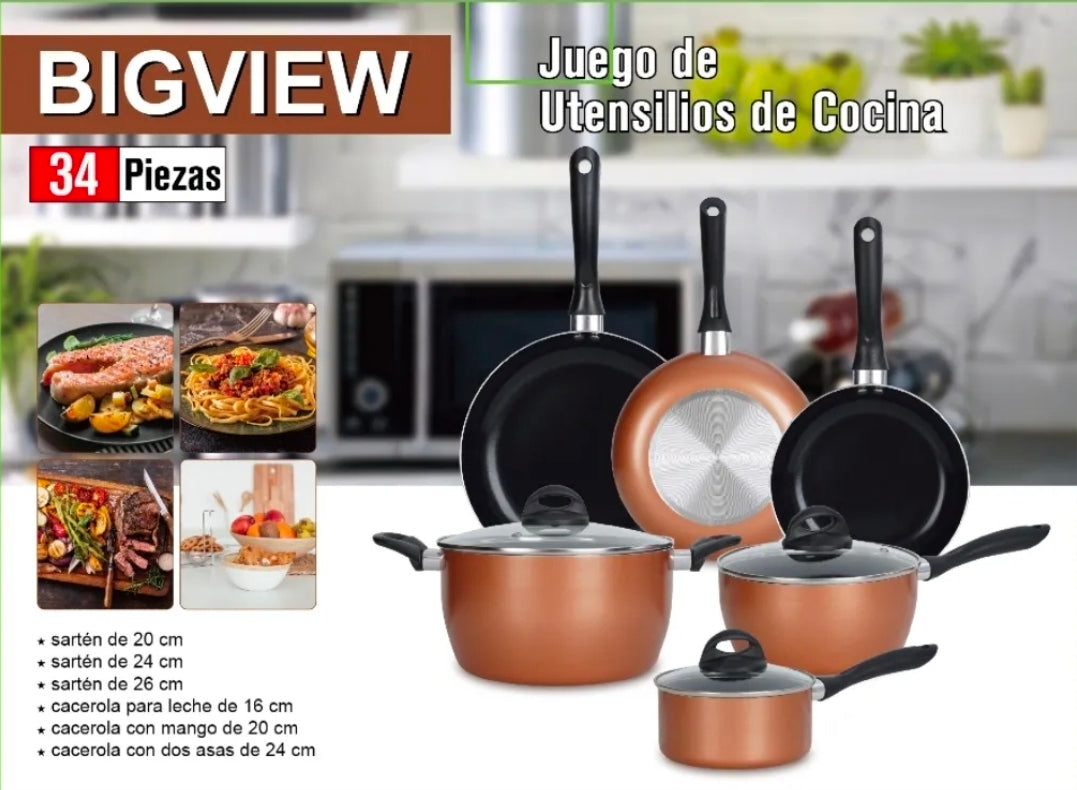 Batería De Cocina Antiadherente 34 Piezas - Juego De Ollas Y Utensilios De Aluminio