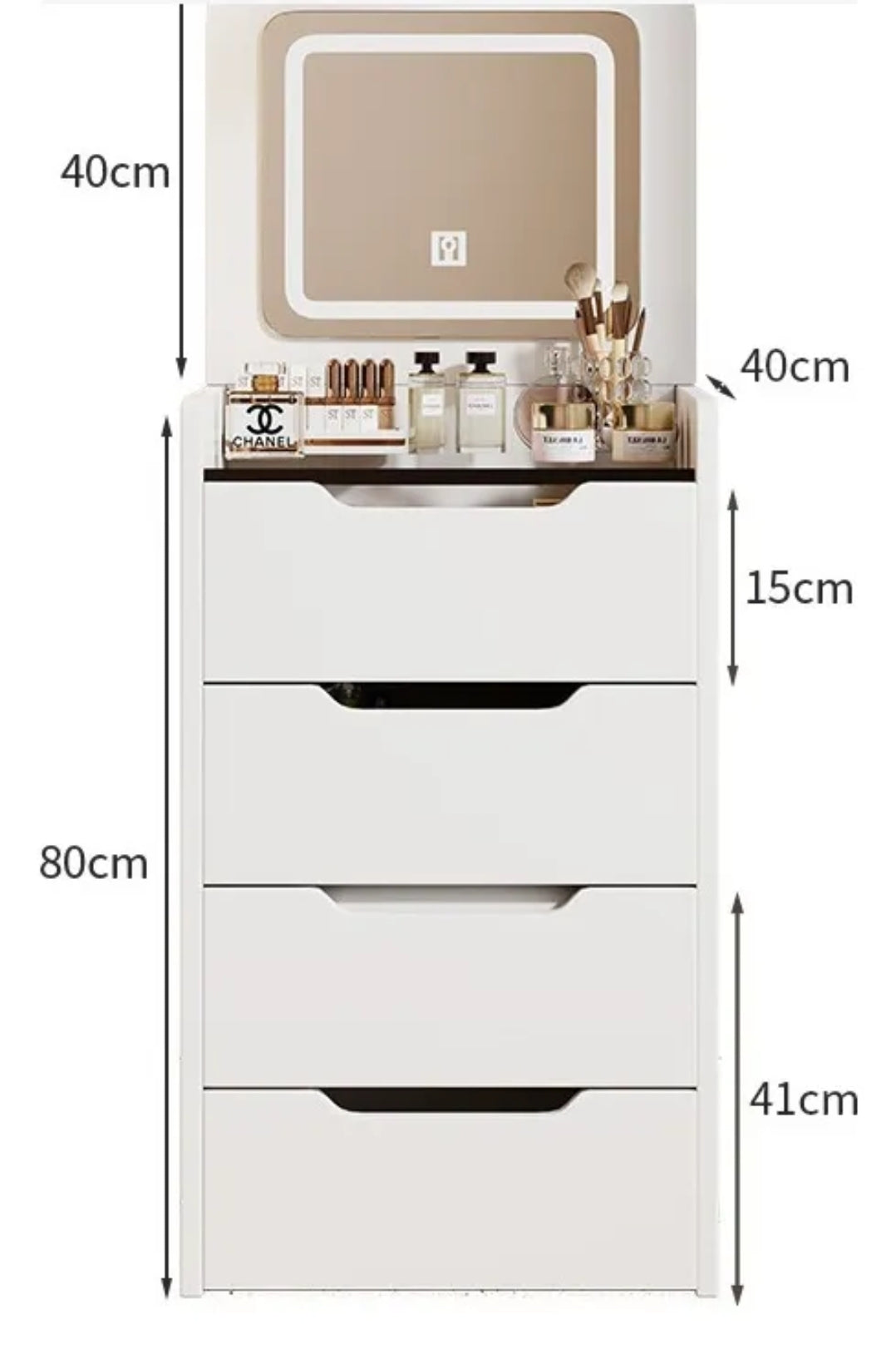 Buró tocador con espejo LED y banco oculto 4 cajones
