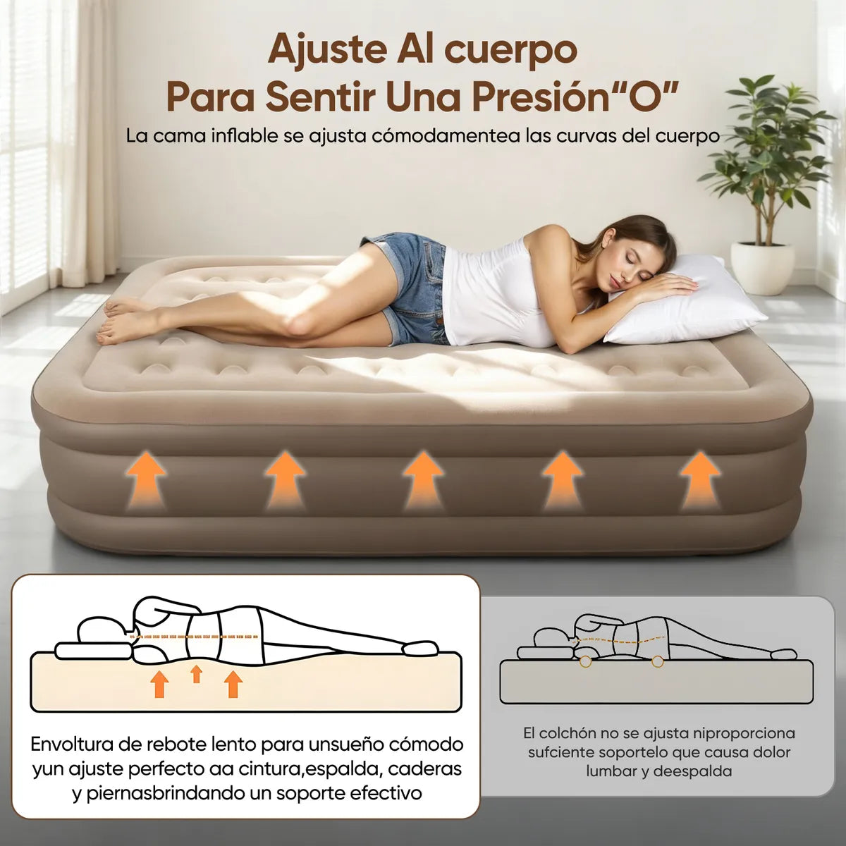 Colchón INFLABLE Queen Size Con Bomba Hinchable De 4000 Mah Marrón Claro