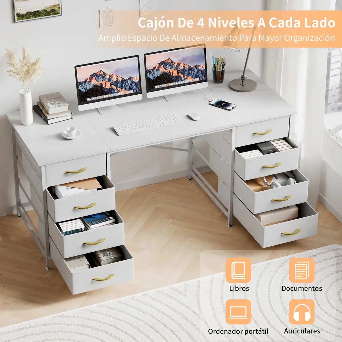 Escritorio Gamer y Oficina 152cm con 8 Cajones, Regleta USB y Tipo-C, Blanco