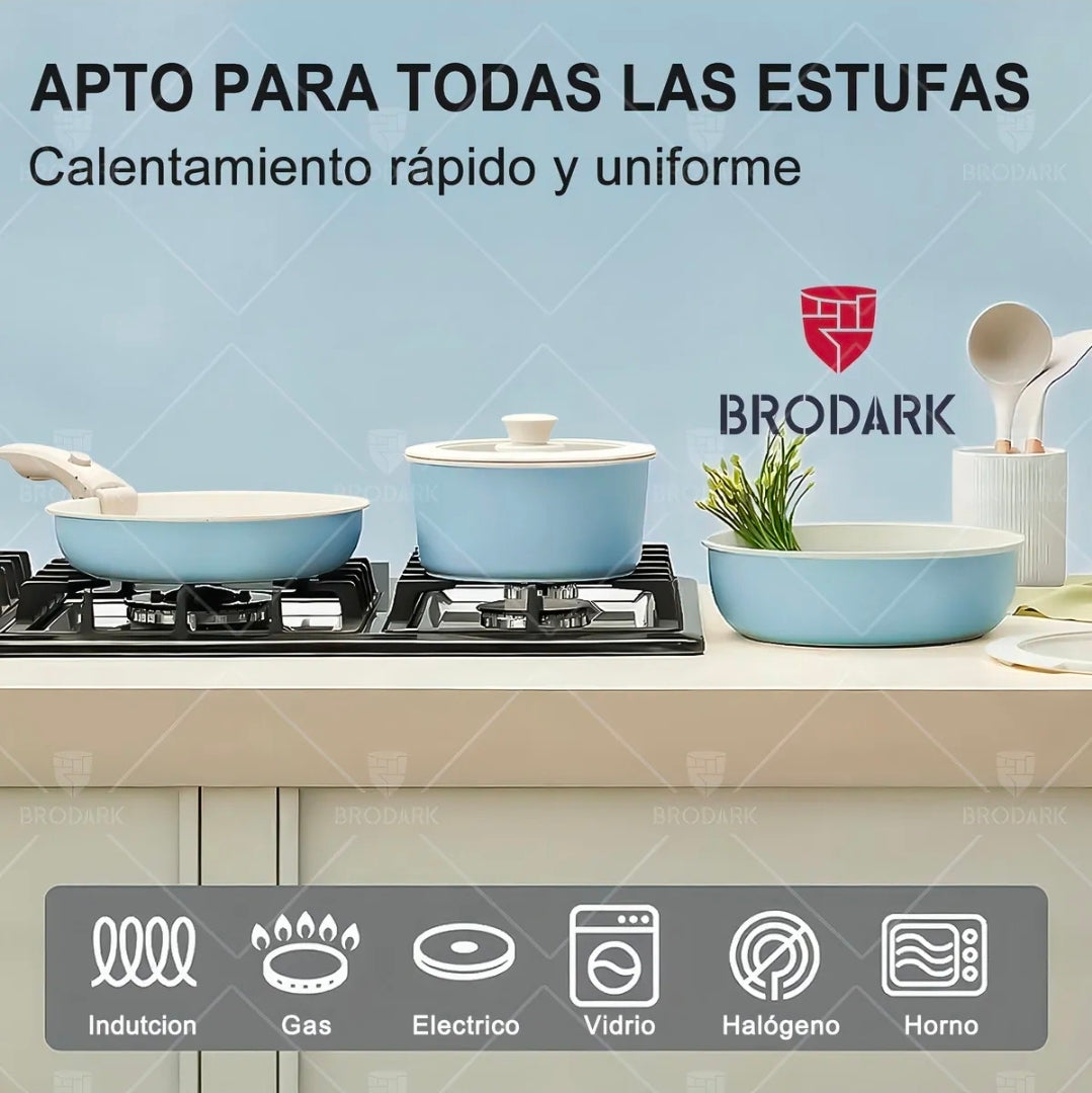 Bateria de cocina antiadherente 21 piezas con mangos desmontables