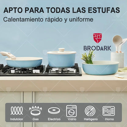 Bateria de cocina antiadherente 21 piezas con mangos desmontables