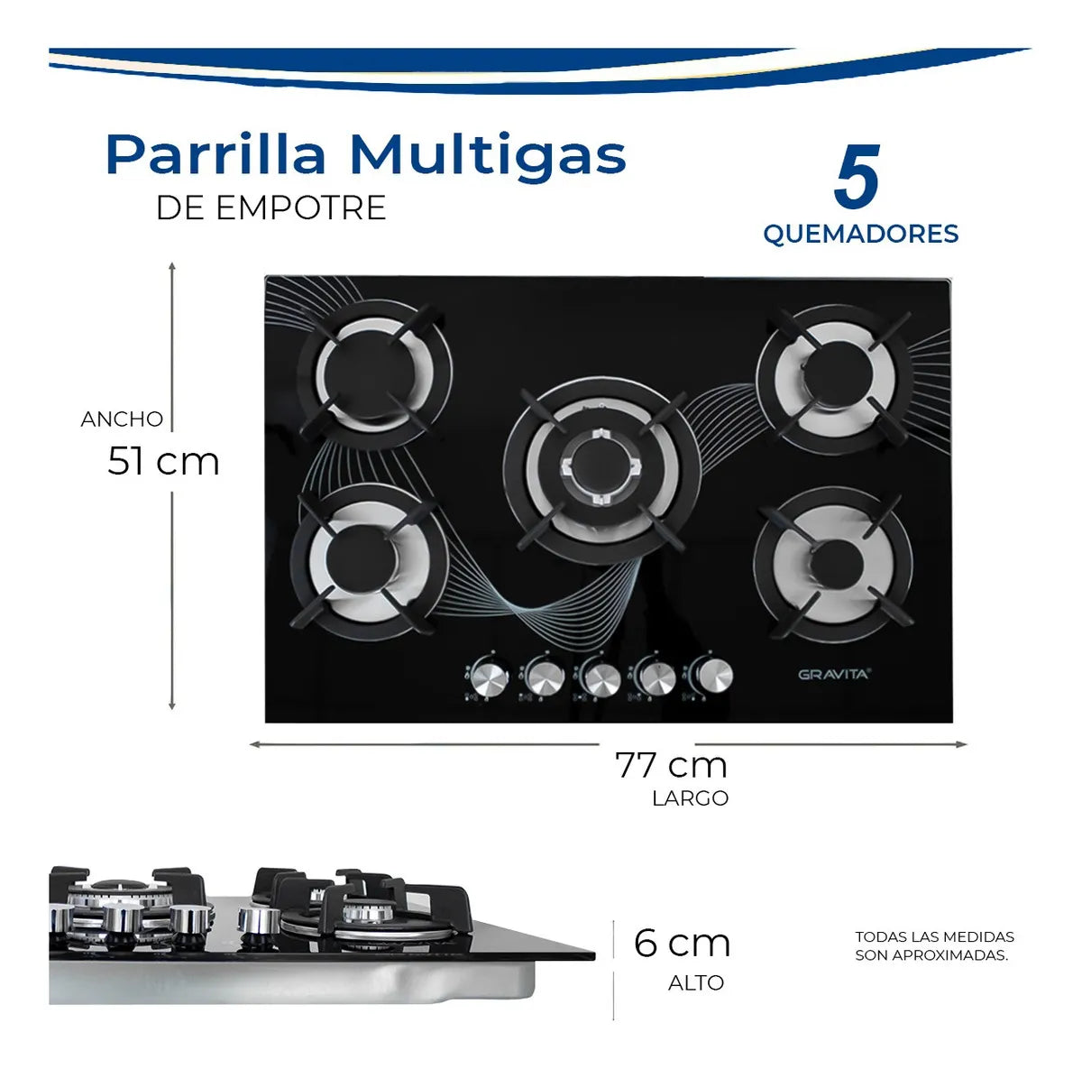 Parrilla Gravita A Gas De Cristal Templado 5 Quemadores