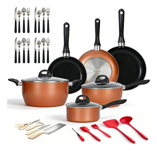 Batería De Cocina Antiadherente 34 Piezas - Juego De Ollas Y Utensilios De Aluminio