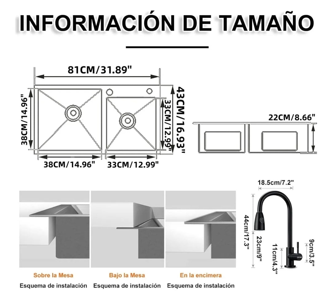 Fregadero de cocina acero inoxidable kit completo Tarja doble tina