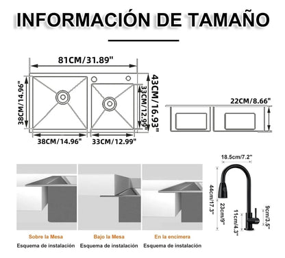 Fregadero de cocina acero inoxidable kit completo Tarja doble tina