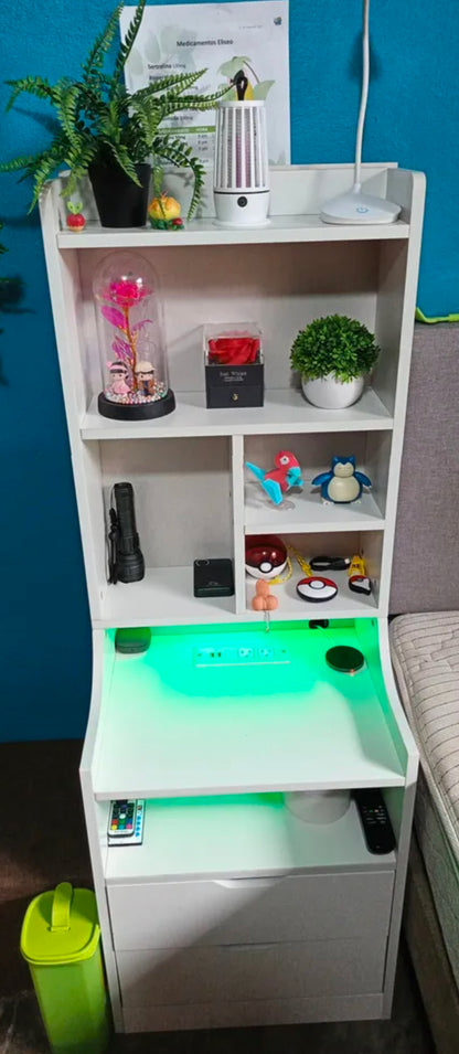 Mesita buró de noche alta con estación de carga y luz Led