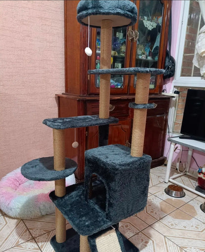 Torre Árbol Rascador Para Gato Con Casa Gris 132cm