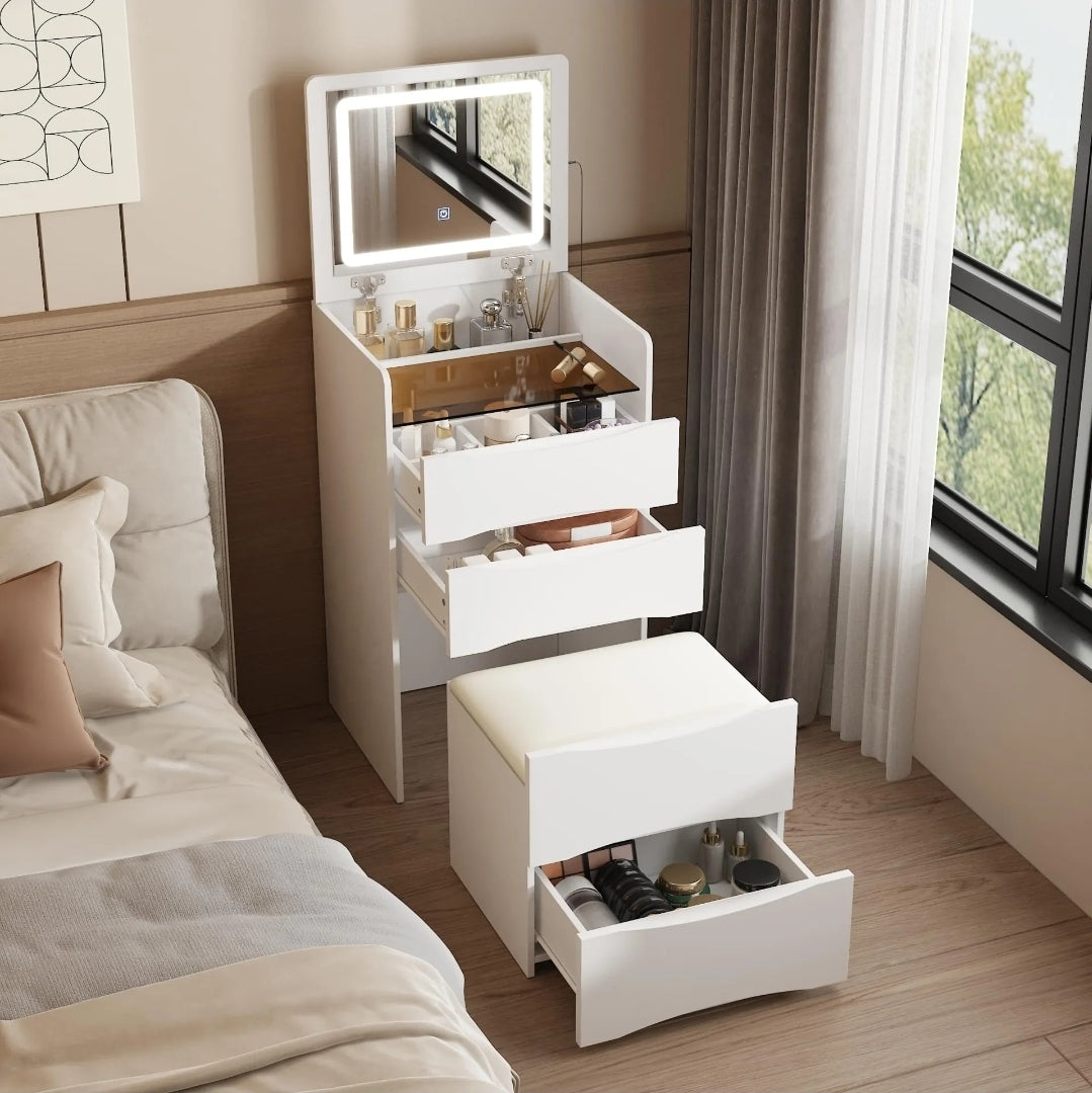 Buró tocador con espejo LED y banco oculto 4 cajones