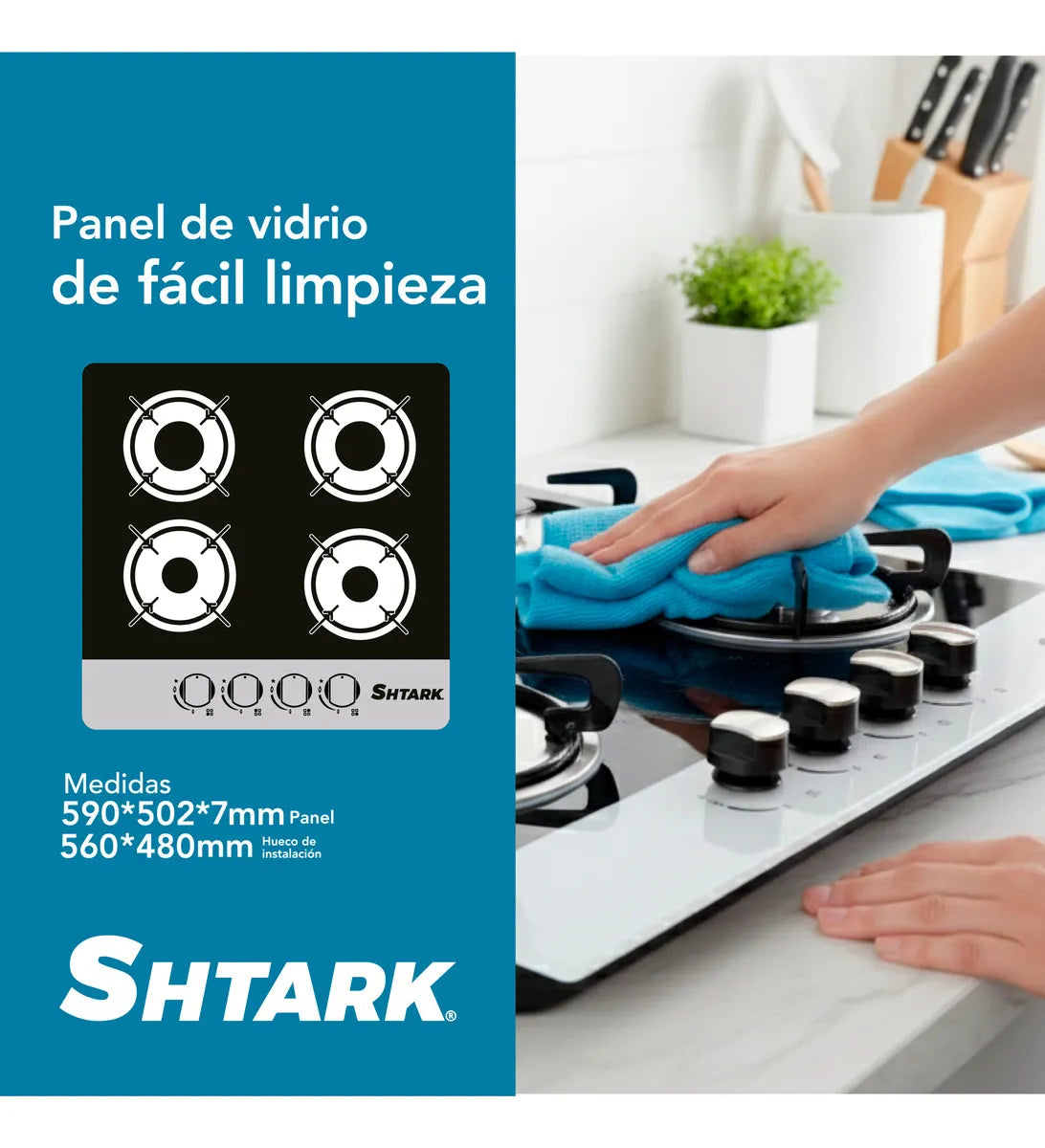 Parrilla Shtark A Gas Empotrable 4 Quemadores Vidrio Templado Negro/blanco