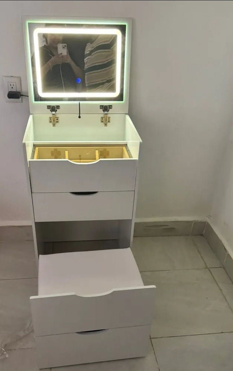 Buró tocador con espejo LED y banco oculto 4 cajones