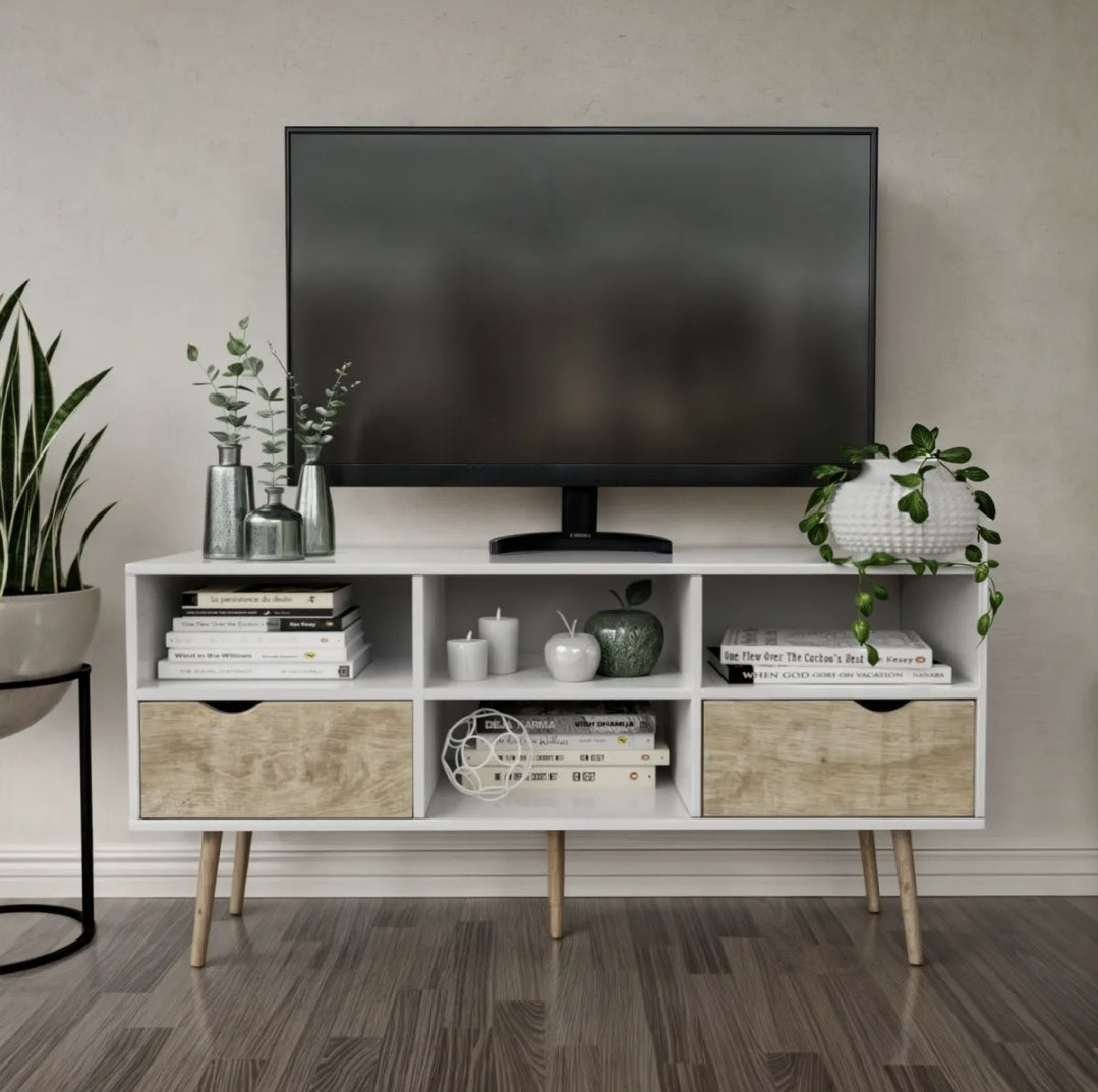 Mueble De Tv Estilo Nórdico Moderno Color Blanco Y Madera Marrón