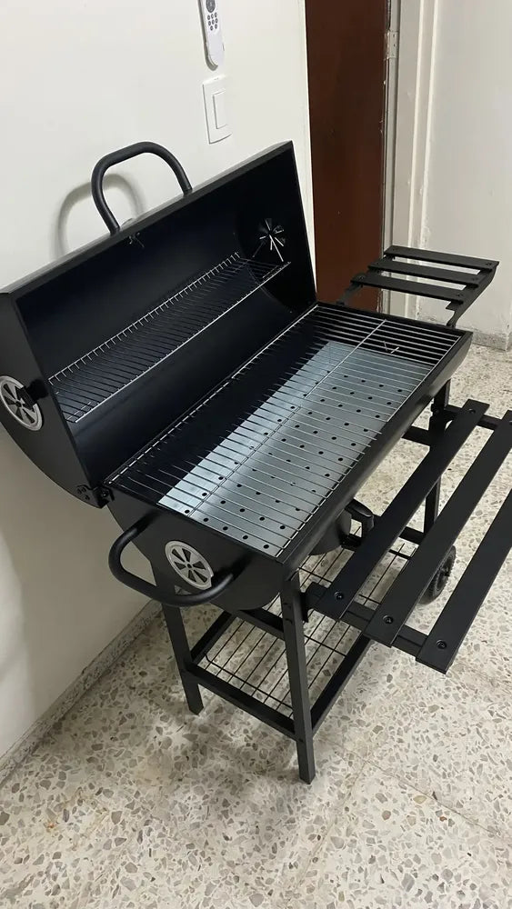 Asadores carbon de barril móvil con ruedas termómetro y mesa auxiliar acero inoxidable