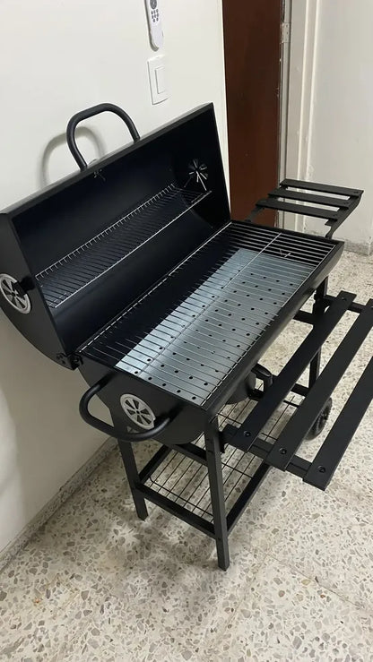 Asadores carbon de barril móvil con ruedas termómetro y mesa auxiliar acero inoxidable