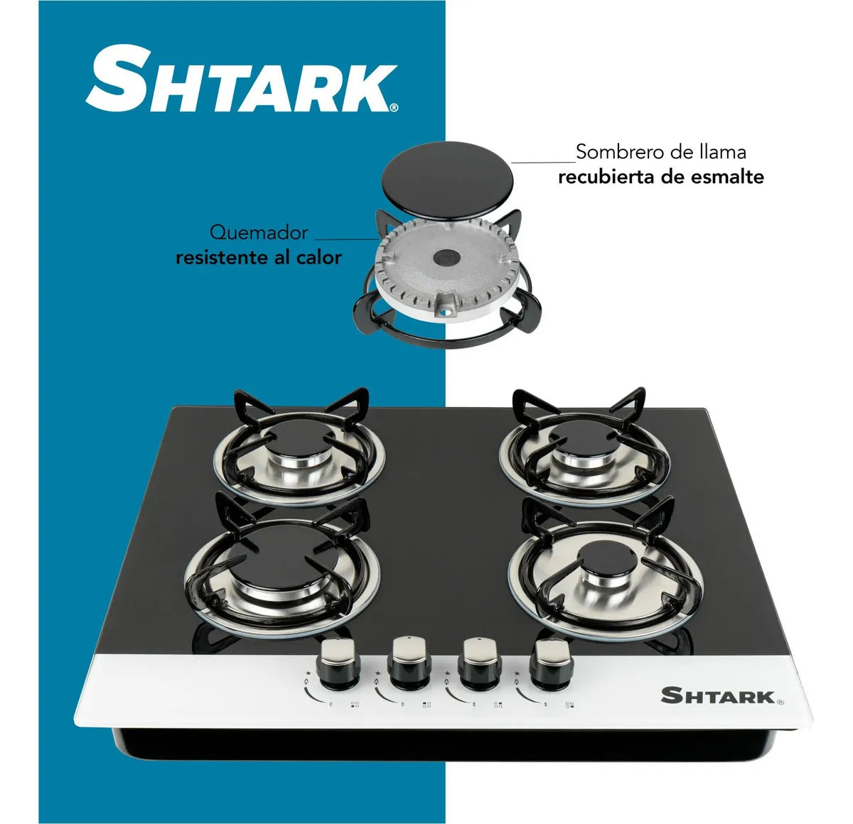 Parrilla Shtark A Gas Empotrable 4 Quemadores Vidrio Templado Negro/blanco