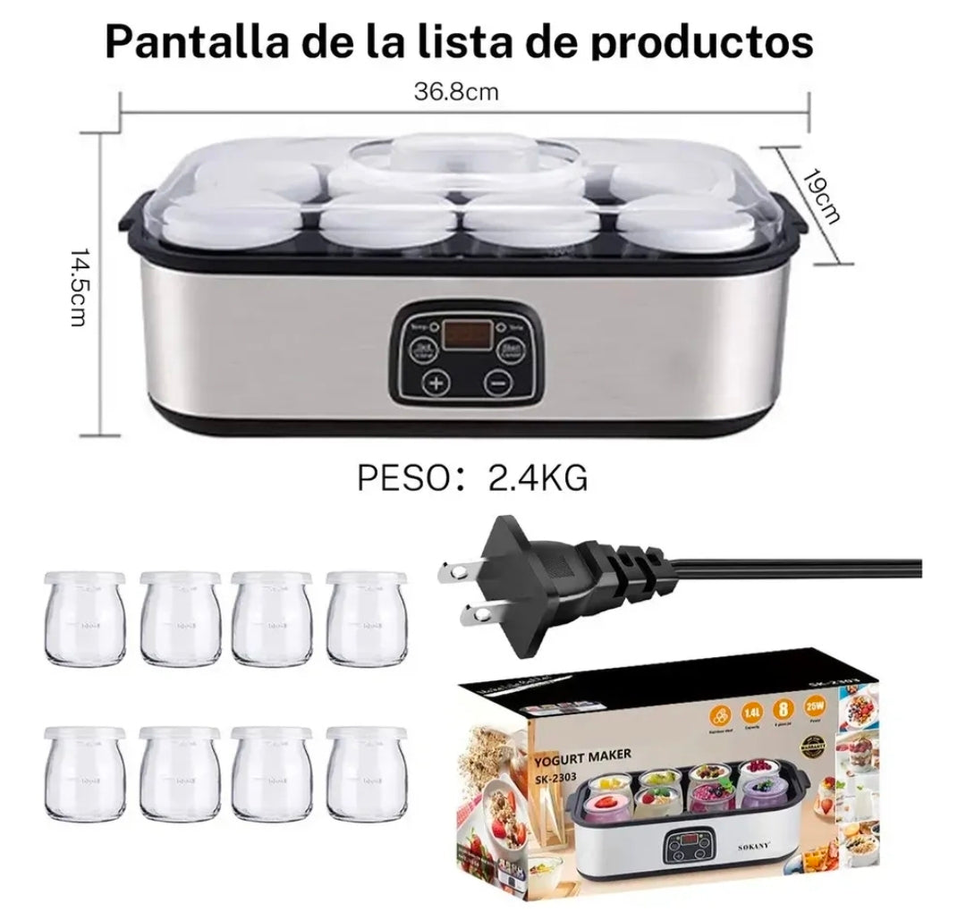 Maquina de Yogurt Eléctrica 1.4L Acero Inoxidable con 8 Frascos Vidrio